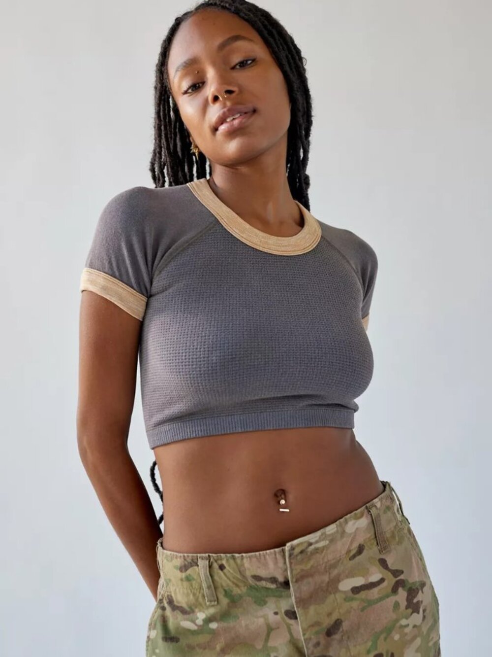 Out from Under Urban Outfitters On My Way Seamless Top Charcoal Thermal Tan M-L